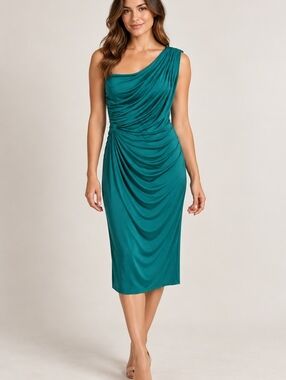 Tadashi Shoji Collection Teal One Shoulder Ruched Cocktail Dress Medium